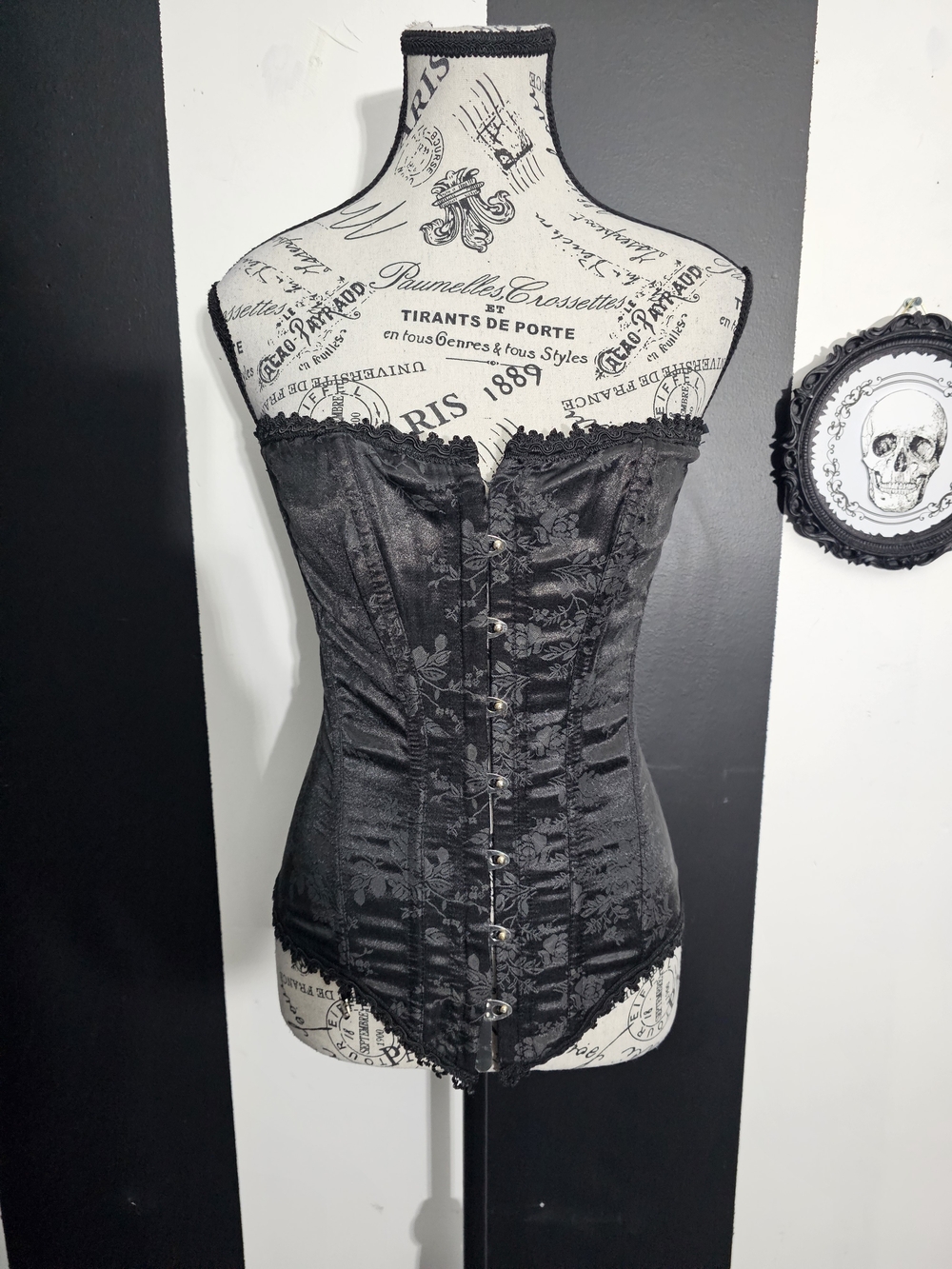 Black Floral Satin Corset Top - Structured Short Sleeve Alternative